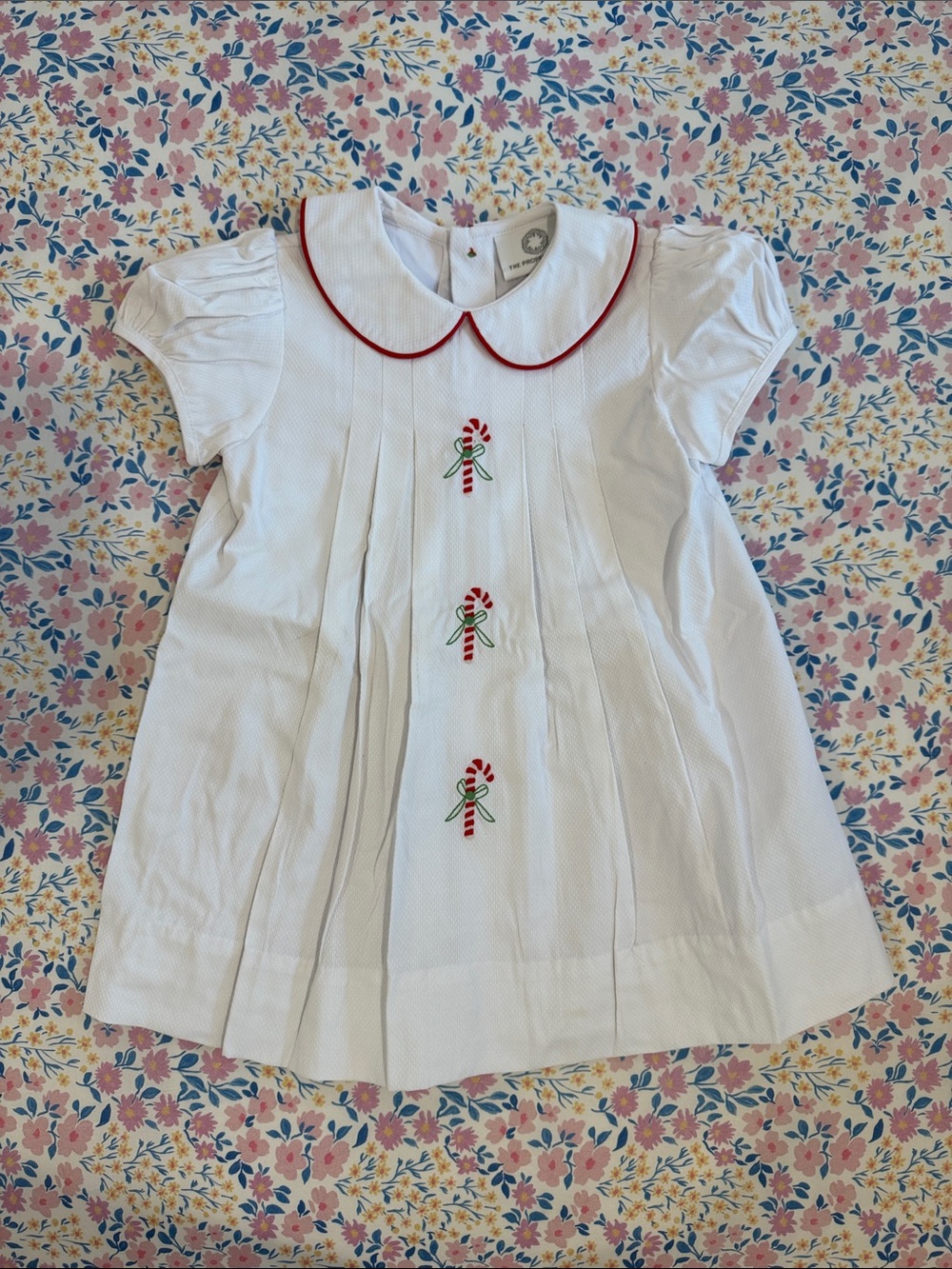 White Girls' Smocked Dress with Red Trim and Candy Cane Embroidery